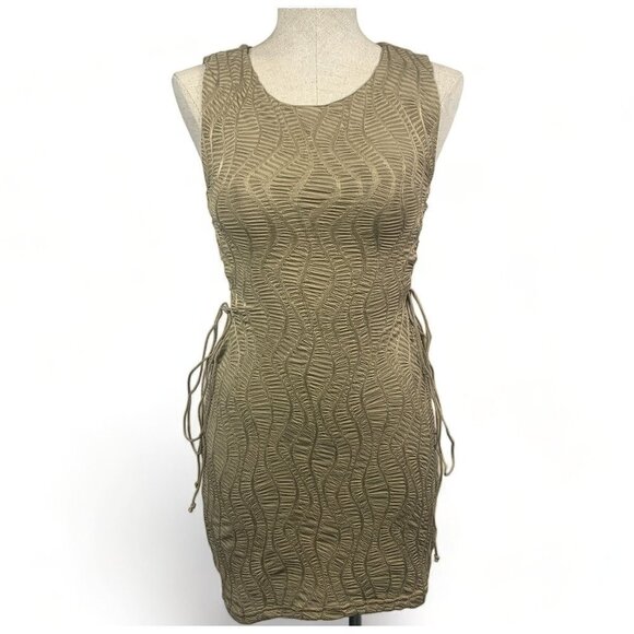 Shein Bae Gold Woven Body Con Sheath Dress Cut Out Sides With Laces Sz Med NWT - Picture 1 of 6